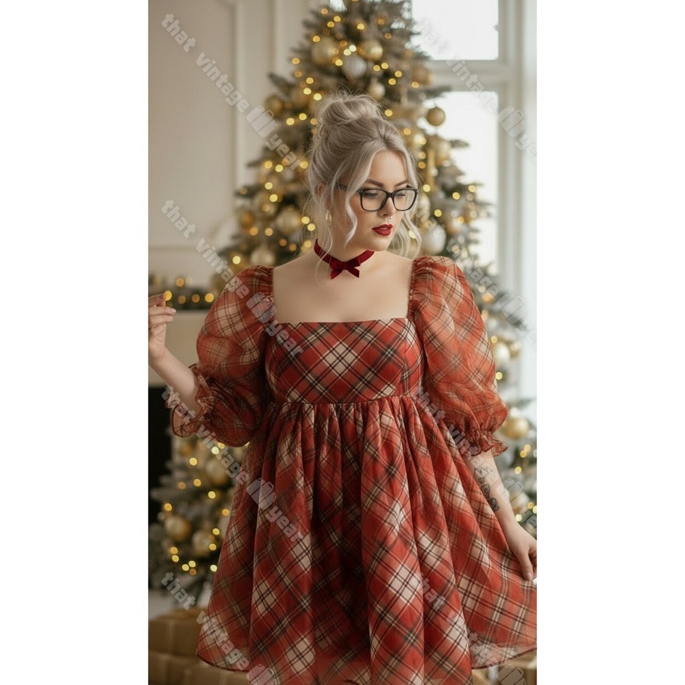 Selkie The Tartan Plaid Jane Eyre Puff Dress, XL